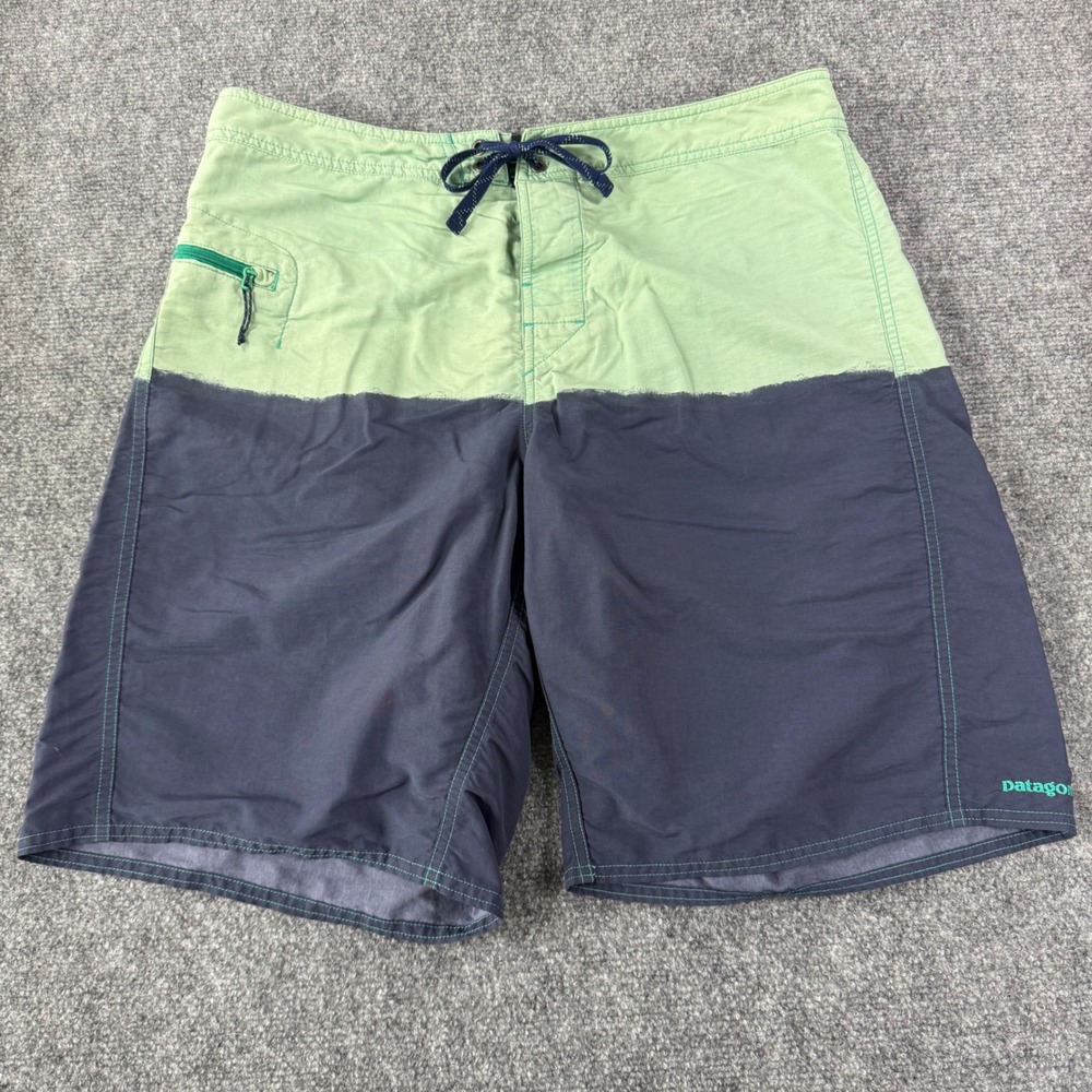 Patagonia Board Shorts Mens 35 Green Blue Colorblock Surf Trunks Beachwear